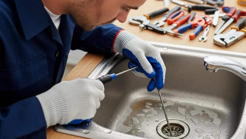 Plumber performing drain cleaning service on a clogged sink