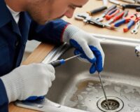 Plumber performing drain cleaning service on a clogged sink
