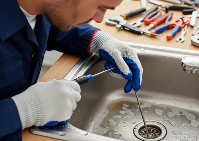 Plumber performing drain cleaning service on a clogged sink
