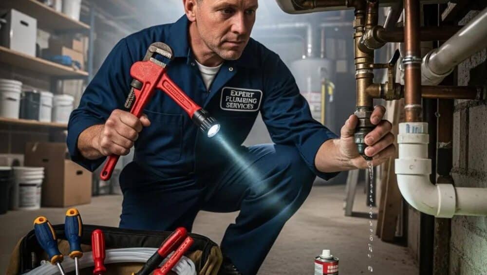 Professional plumber inspecting pipes, emphasizing plumbing repairs and expertise