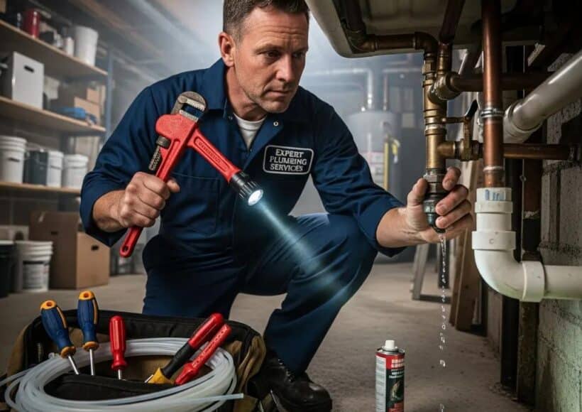Professional plumber inspecting pipes, emphasizing plumbing repairs and expertise