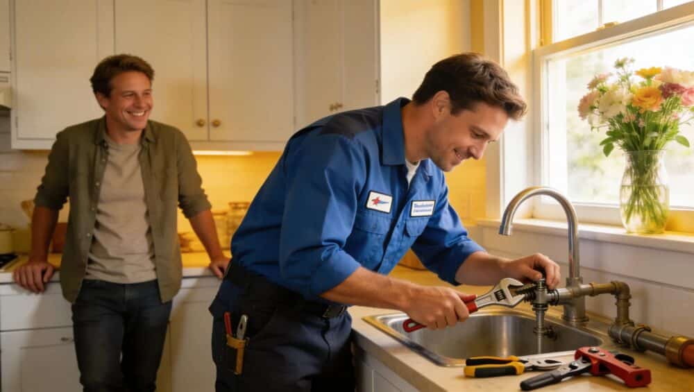 Experienced plumber repairing a residential sink in a bright, welcoming kitchen