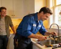 Experienced plumber repairing a residential sink in a bright, welcoming kitchen