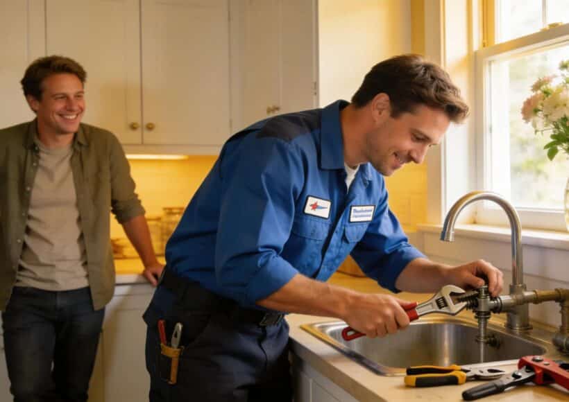 Experienced plumber repairing a residential sink in a bright, welcoming kitchen