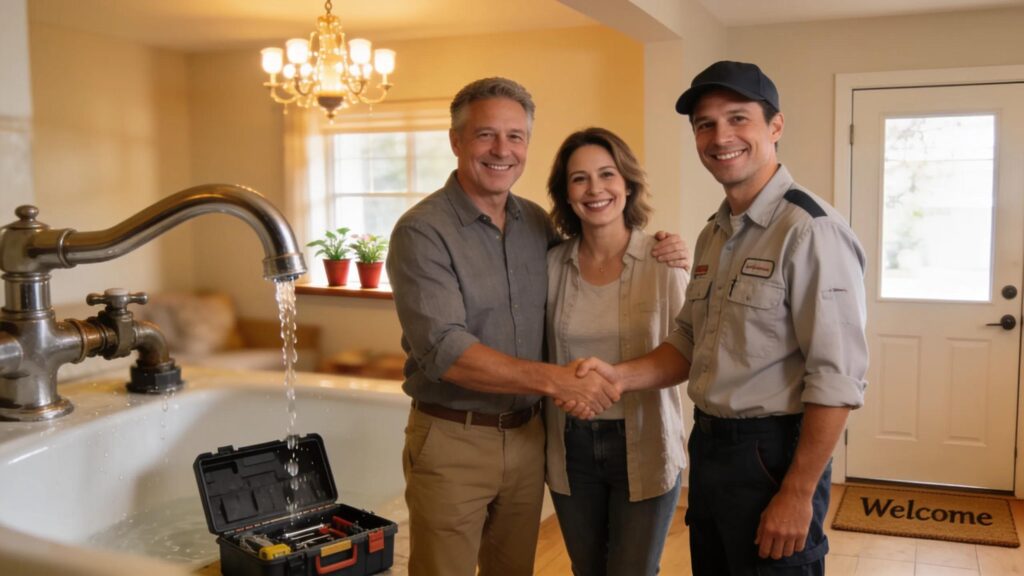 Happy clients concluding a plumbing emergency repair with their plumber