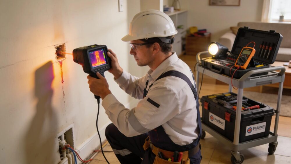 Licensed plumber using a thermal imaging camera for leak detection