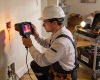 Licensed plumber using a thermal imaging camera for leak detection