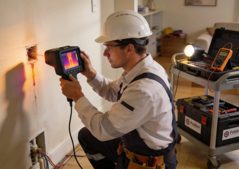 Licensed plumber using a thermal imaging camera for leak detection