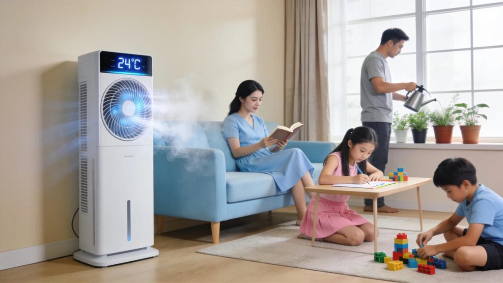 Family enjoying a cool living room with energy-efficient air conditioning in Rhode Island