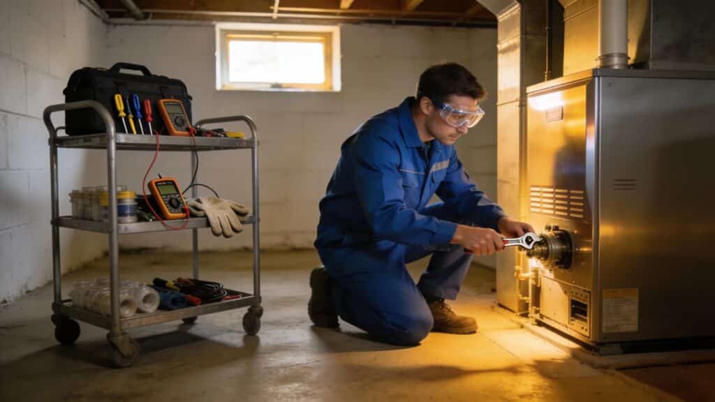 Technician maintaining a furnace showcasing heating repair services in Rhode Island